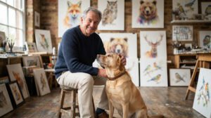 Senior man with Labrador Retriever in studio filled with watercolor canvases