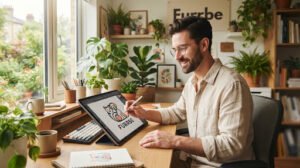 Male designer with spectacles working on digital tablet illustrating pet emblem