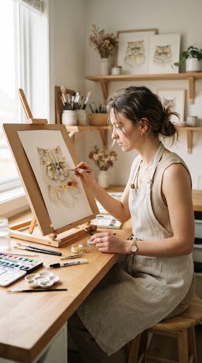 Young woman artist applying gold leaf accents to watercolor painting of Persian cat