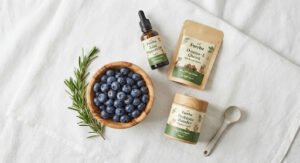 Organic pet supplements and fresh blueberries on linen