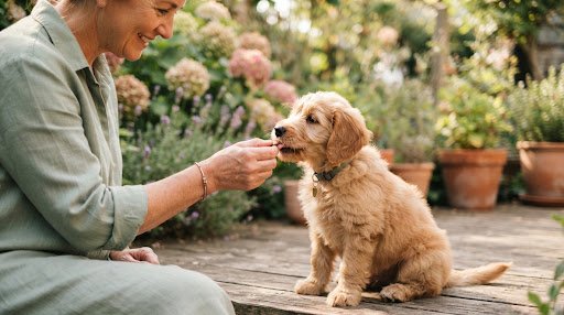Hand offering treat to puppy during training session