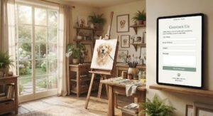 Warm sun-drenched artist studio with watercolor portrait on easel