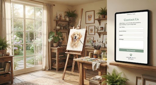 Warm sun-drenched artist studio with watercolor portrait on easel