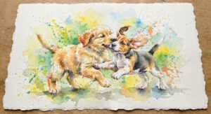 Watercolor of two puppies playing with vibrant brushstrokes