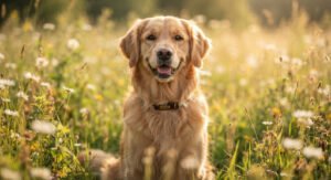 Golden Retriever sitting in sun-drenched meadow