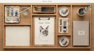 Overhead view of an artist wooden desk with watercolor paints, brushes and sketch