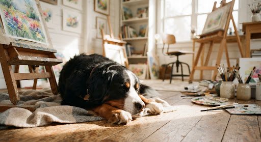 Bernese Mountain Dog resting in sun-drenched art studio