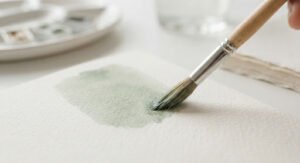 Close-up of paintbrush creating sage green watercolor on textured paper