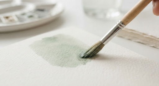 Close-up of paintbrush creating sage green watercolor on textured paper